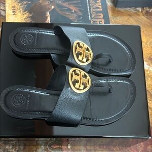 Tory Burch Black Sandals with Gold Emblem